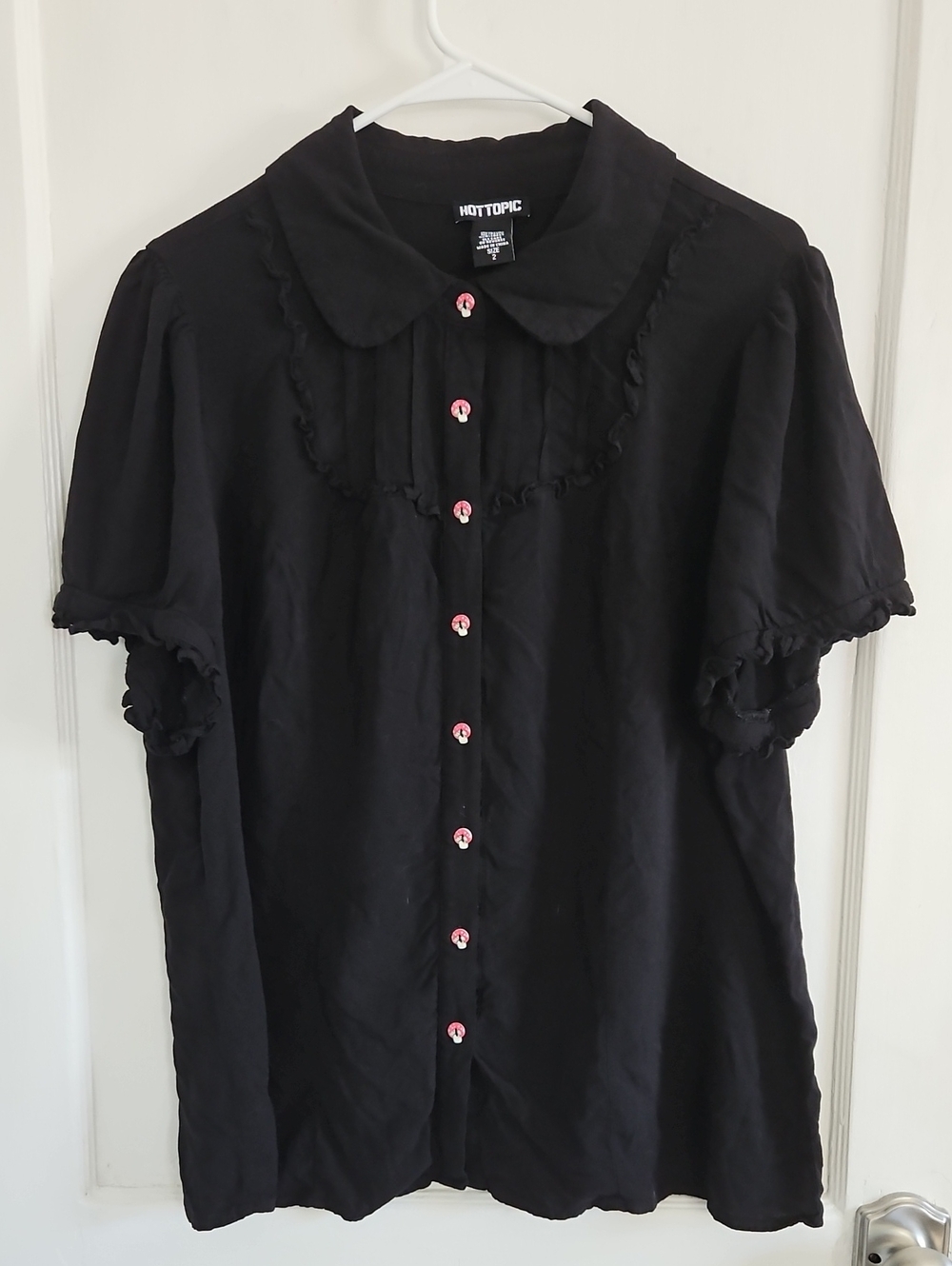 Hot Topic Black Button-Up Top with Pink Mushroom Accent Buttons